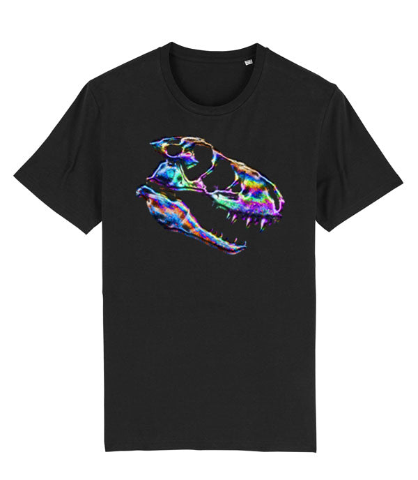 A black short-sleeve crewneck t-shirt featuring a vibrant, multicolored oil spill inspired graphic of a dinosaur skull on the chest, displayed against a solid white background.