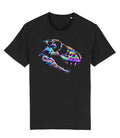 A black short-sleeve crewneck t-shirt featuring a vibrant, multicolored oil spill inspired graphic of a dinosaur skull on the chest, displayed against a solid white background.