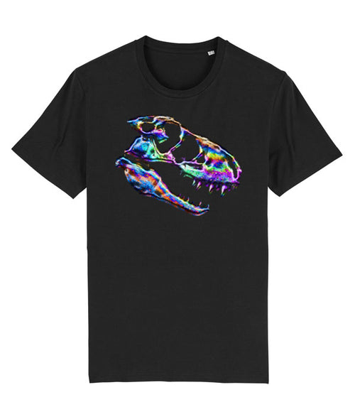 A black short-sleeve crewneck t-shirt featuring a vibrant, multicolored oil spill inspired graphic of a dinosaur skull on the chest, displayed against a solid white background.