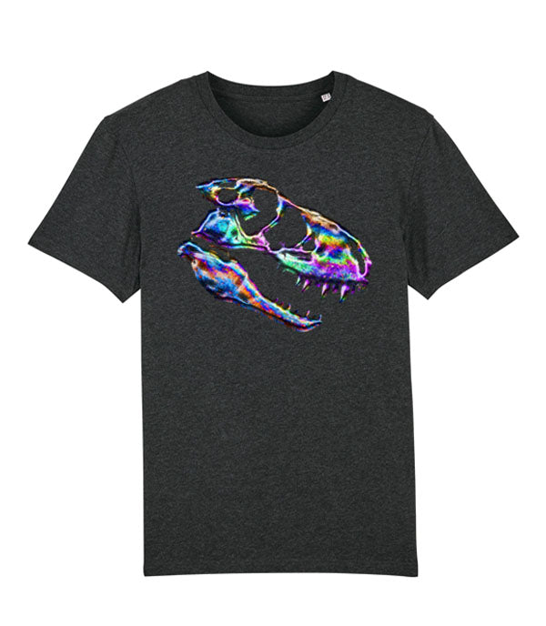 A dark heather gray crewneck t-shirt featuring a vibrant, multicolored oil spill inspired graphic of a dinosaur skull on the chest, displayed against a solid white background.