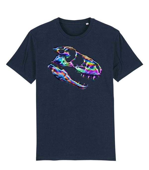 A navy blue short-sleeve crewneck t-shirt featuring a colorful, oil spill inspired graphic of a Tyrannosaurus rex dinosaur skull and printed on the chest, displayed against a solid white background.