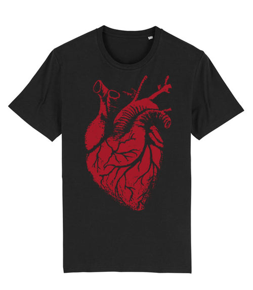 A black short-sleeve crewneck t-shirt featuring a large, distressed red anatomical heart graphic on the front, displayed against a solid white background.