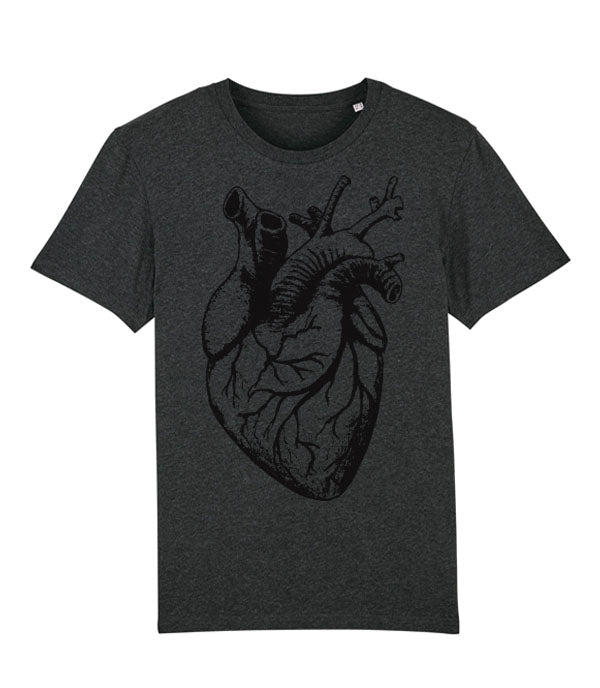 A dark heather gray short-sleeve t-shirt with a black anatomical heart graphic printed on the front, displayed against a solid white background.