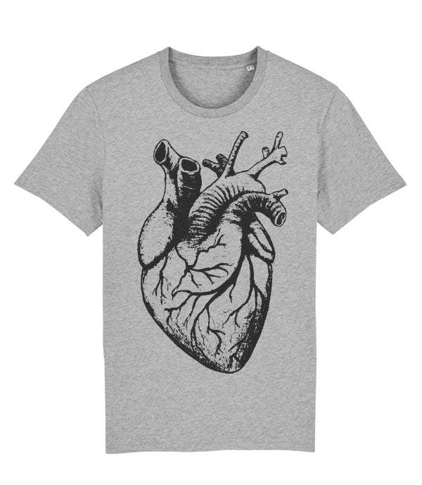 A heather gray short-sleeve crewneck t-shirt featuring a detailed black anatomical heart graphic printed on the front, displayed against a solid white background.
