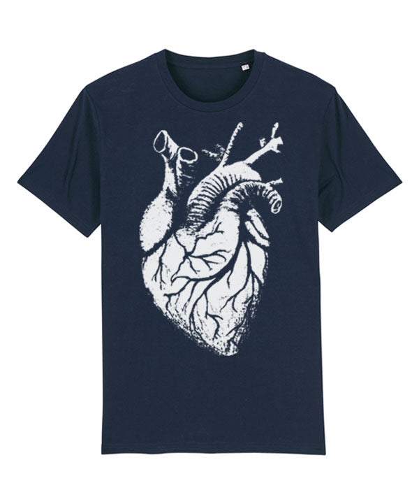 A navy blue short-sleeve crewneck t-shirt featuring a large white anatomical heart graphic printed on the front, displayed against a solid white background.