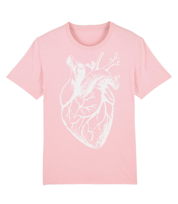 A light pink short-sleeve crewneck t-shirt featuring a large white anatomical heart graphic printed on the front, displayed against a solid white background.
