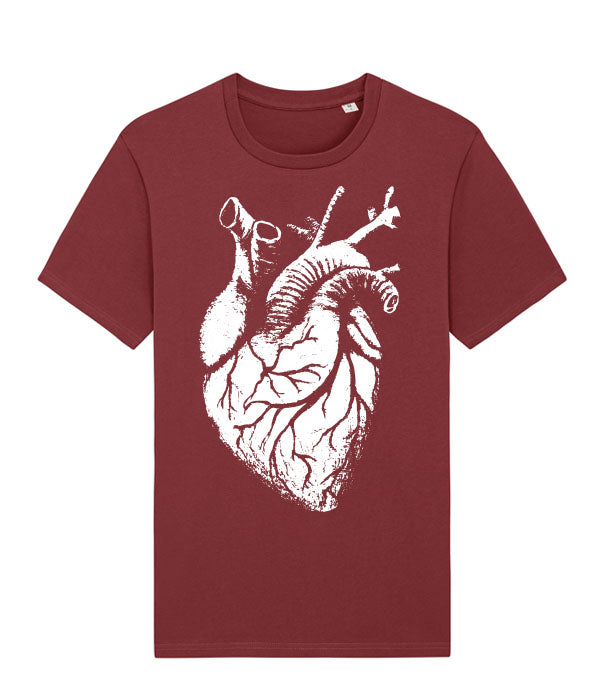 A short-sleeve crewneck t-shirt in maroon red with a large white anatomical heart graphic printed on the front, displayed against a solid white background.