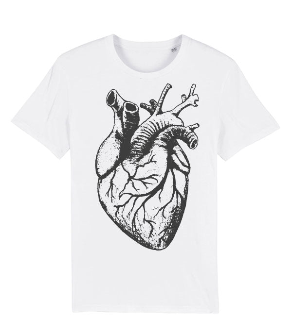 A white short-sleeve crewneck t-shirt featuring a detailed black anatomical heart graphic printed on the front.