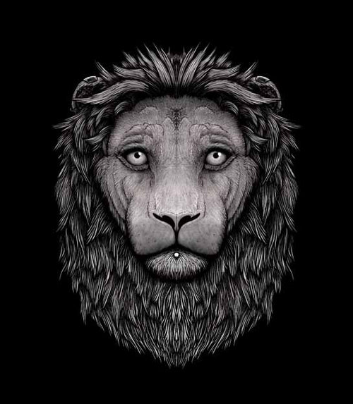 A detailed black and white graphic illustration of a lion's head and mane, centered on a solid black background.