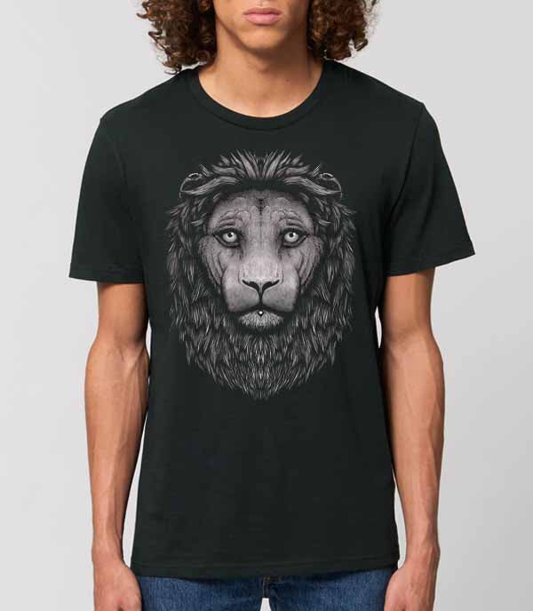 a man black short-sleeve T-shirt with a large grayscale lion face graphic printed on the front against a white background