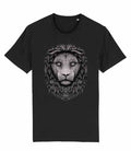 a black short-sleeve T-shirt with a large grayscale lion face graphic printed on the front