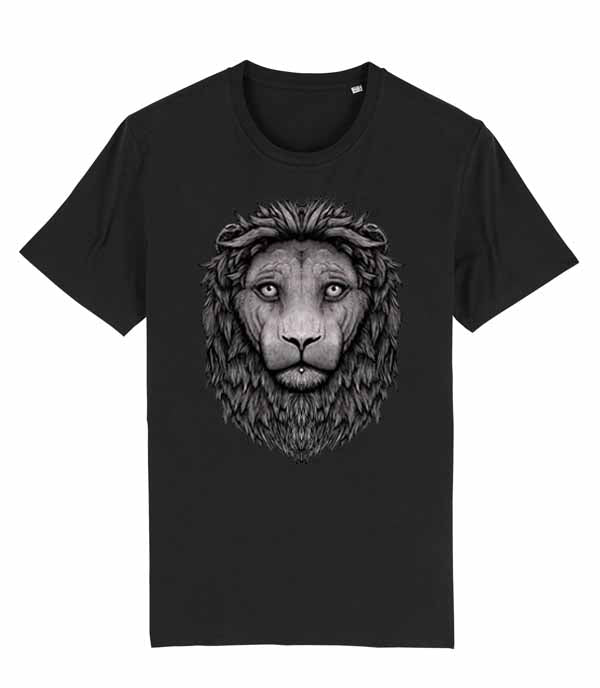 a black short-sleeve T-shirt with a large grayscale lion face graphic printed on the front