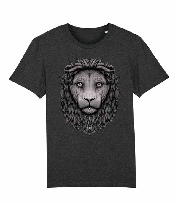 a dark heather grey short-sleeve T-shirt with a large grayscale lion face graphic printed on the front