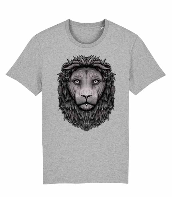 a light heather grey short-sleeve T-shirt with a large grayscale lion face graphic printed on the front