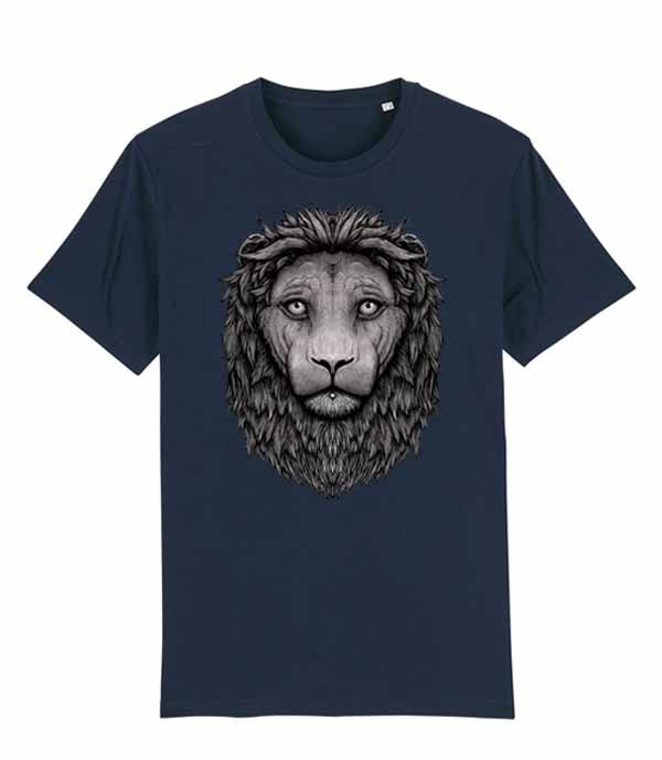 a navy blue short-sleeve T-shirt with a large grayscale lion face graphic printed on the front