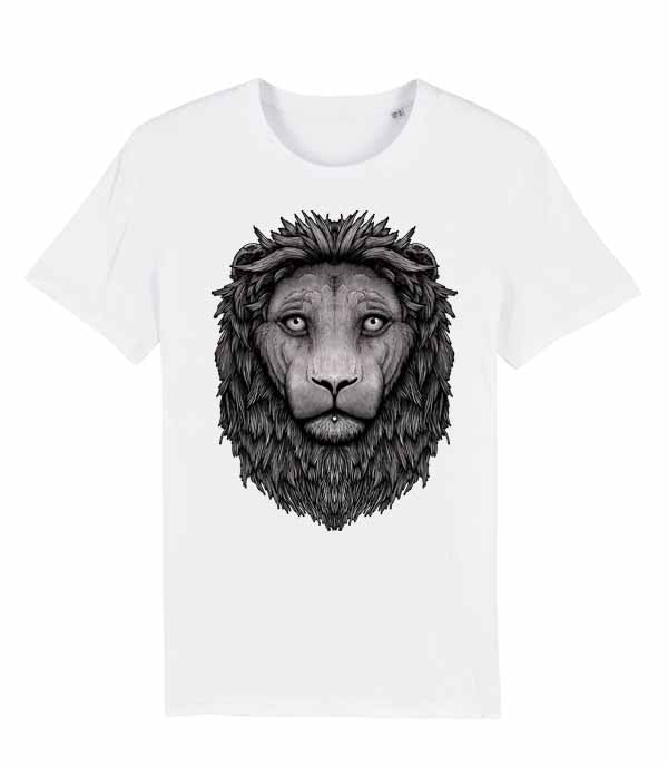 a white short-sleeve T-shirt with a large grayscale lion face graphic printed on the front