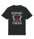 A black short-sleeve crewneck t-shirt featuring a graphic design on the front. The design displays the word 'NECROMANCY' in a distressed white font above a graphic of skeletal hands holding a red anatomical heart, with the phrase 'LOVE IS FOREVER' printed below in white.