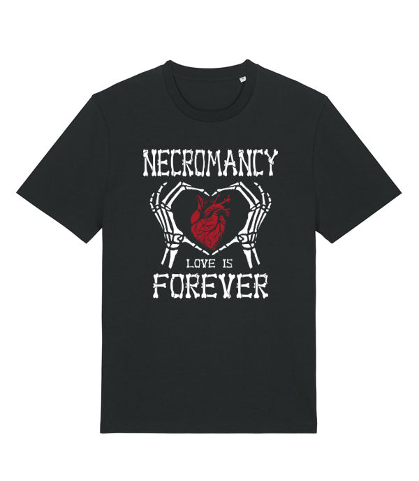 A black short-sleeve crewneck t-shirt featuring a graphic design on the front. The design displays the word 'NECROMANCY' in a distressed white font above a graphic of skeletal hands holding a red anatomical heart, with the phrase 'LOVE IS FOREVER' printed below in white.