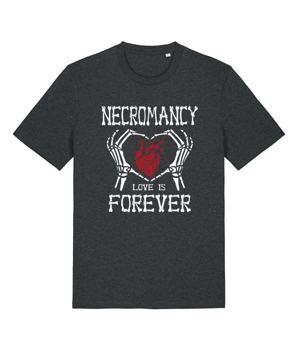 A dark heather gray crewneck t-shirt featuring a graphic print of skeletal hands holding a red heart, with the text 'NECROMANCY' above and 'LOVE IS FOREVER' below.