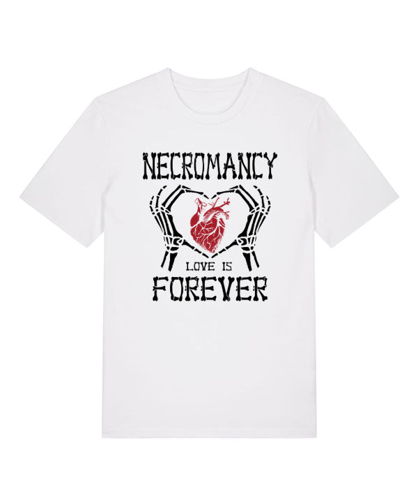 A white short-sleeve crewneck t-shirt featuring a graphic print on the front. The design displays the words 'NECROMANCY' and 'LOVE IS FOREVER' in a distressed black font, framing a central graphic of skeletal hands holding a red anatomical heart.
