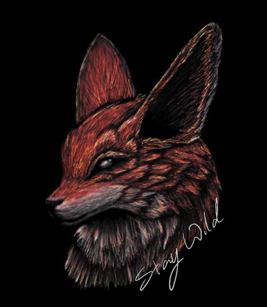 A stylized illustration of a fox head in profile on a black background, with reddish-brown and dark fur details and a white script signature reading 'Stay Wild' near the lower right.