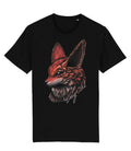 A black short-sleeve crewneck t-shirt featuring a detailed graphic of a fox's head in profile, colored in shades of red, orange, and brown, with a white script signature reading 'Stay Wild' on the front.
