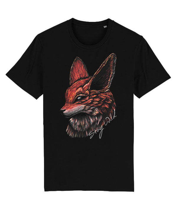 A black short-sleeve crewneck t-shirt featuring a detailed graphic of a fox's head in profile, colored in shades of red, orange, and brown, with a white script signature reading 'Stay Wild' on the front.