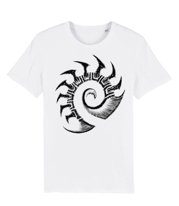 A white short-sleeve crewneck t-shirt featuring a large black stylized starcraft zerg logo printed on the chest, displayed against a solid white background.