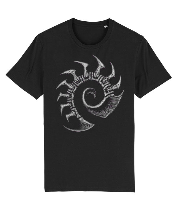 A black short-sleeve crewneck t-shirt featuring a large grey stylized zerg star craft logo on the front, displayed against a solid white background.