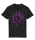 A black short-sleeve crewneck t-shirt featuring a large, stylized purple starcraft zerg logo graphic on the front, displayed against a solid white background.