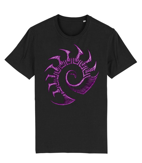 A black short-sleeve crewneck t-shirt featuring a large, stylized purple starcraft zerg logo graphic on the front, displayed against a solid white background.