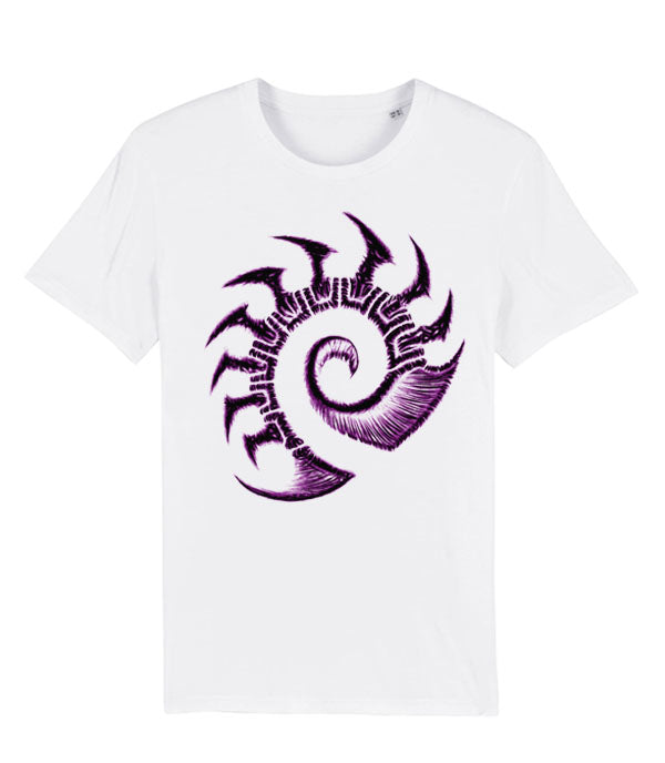 A white short-sleeve crewneck t-shirt featuring a large purple graphic print of a stylized star craft zerg logo design on the front, displayed against a solid white background.