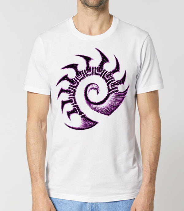 A man wearing a white short-sleeve crewneck t-shirt with a large purple and black stylized starcraft zerg logo printed on the chest, paired with light blue jeans against a light gray background.