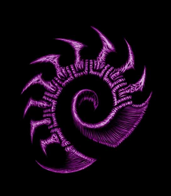 A stylized purple starcraft zerg logo with sharp angular spikes, centered on a solid black background.