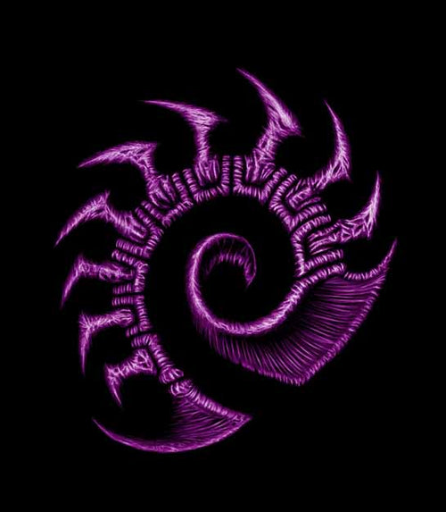 A stylized purple starcraft zerg logo with sharp angular spikes, centered on a solid black background.